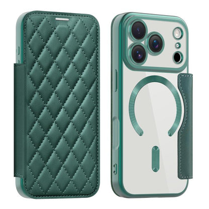 For iPhone 17 Pro Shield Magsafe RFID Anti-theft Rhombus Leather Phone Case(Green) - iPhone 17 Pro Cases by buy2fix | Online Shopping UK | buy2fix