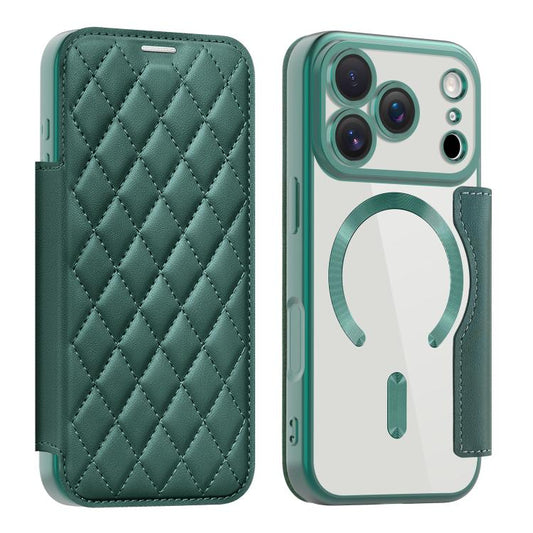 For iPhone 17 Pro Shield Magsafe RFID Anti-theft Rhombus Leather Phone Case(Green) - iPhone 17 Pro Cases by buy2fix | Online Shopping UK | buy2fix
