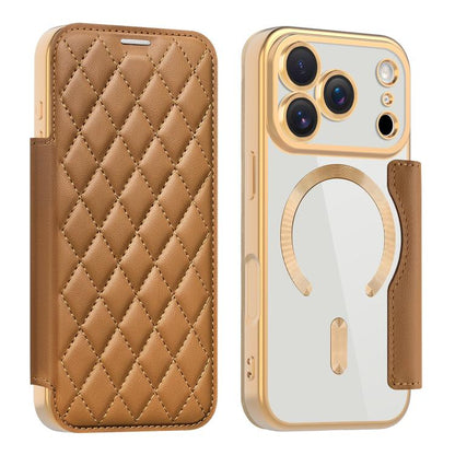 For iPhone 17 Pro Shield Magsafe RFID Anti-theft Rhombus Leather Phone Case(Brown) - iPhone 17 Pro Cases by buy2fix | Online Shopping UK | buy2fix