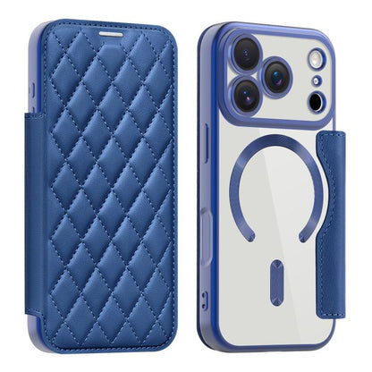 For iPhone 17 Pro Shield Magsafe RFID Anti-theft Rhombus Leather Phone Case(Dark Blue) - iPhone 17 Pro Cases by buy2fix | Online Shopping UK | buy2fix