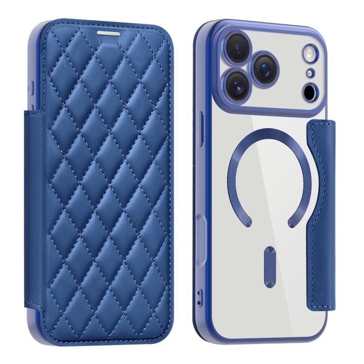 For iPhone 17 Pro Max Shield Magsafe RFID Anti-theft Rhombus Leather Phone Case(Dark Blue) - iPhone 17 Pro Max Cases by buy2fix | Online Shopping UK | buy2fix