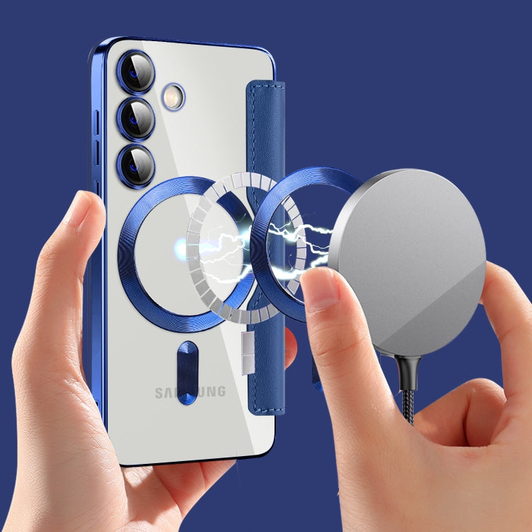 For Samsung Galaxy S25 5G Shield MagSafe RFID Anti-theft Rhombus Leather Phone Case(Dark Blue) by buy2fix