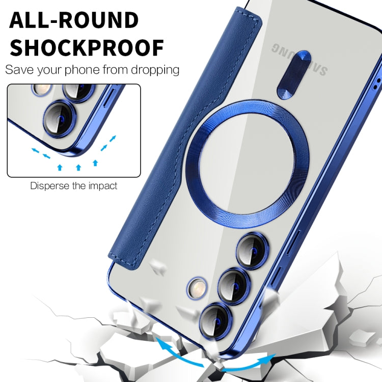 For Samsung Galaxy S25 5G Shield MagSafe RFID Anti-theft Rhombus Leather Phone Case(Dark Blue) by buy2fix