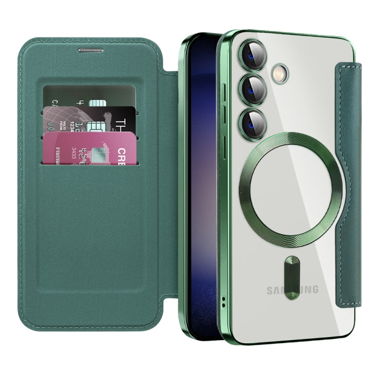 For Samsung Galaxy S25 5G Shield MagSafe RFID Anti-theft Rhombus Leather Phone Case(Green) by buy2fix