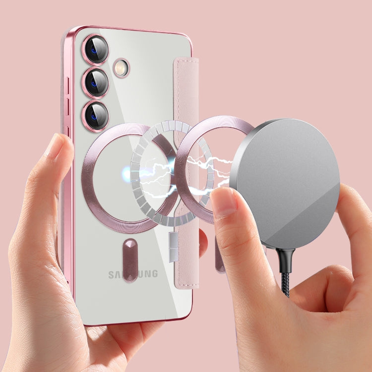 For Samsung Galaxy S25 5G Shield MagSafe RFID Anti-theft Rhombus Leather Phone Case(Pink) by buy2fix