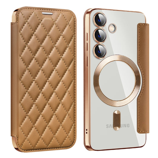 For Samsung Galaxy S25 5G Shield MagSafe RFID Anti-theft Rhombus Leather Phone Case(Brown) by buy2fix