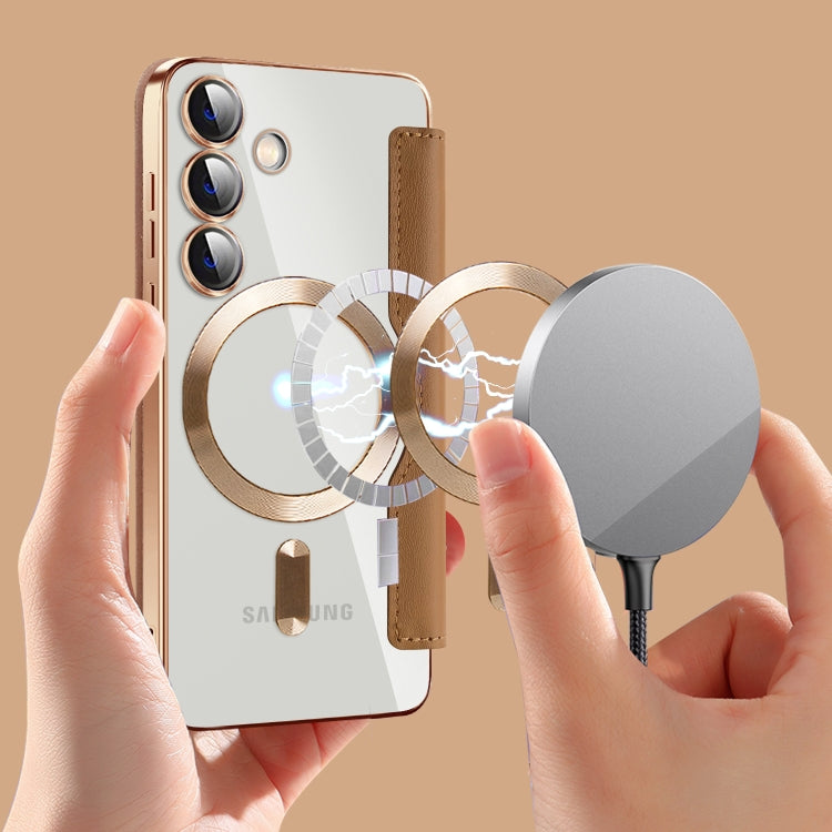 For Samsung Galaxy S25 5G Shield MagSafe RFID Anti-theft Rhombus Leather Phone Case(Brown) by buy2fix