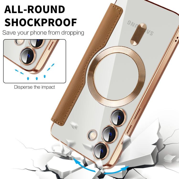 For Samsung Galaxy S25 5G Shield MagSafe RFID Anti-theft Rhombus Leather Phone Case(Brown) by buy2fix