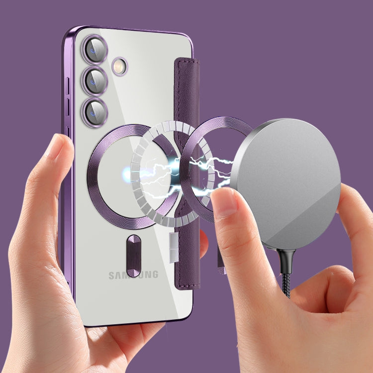 For Samsung Galaxy S25+ 5G Shield MagSafe RFID Anti-theft Rhombus Leather Phone Case(Purple) by buy2fix