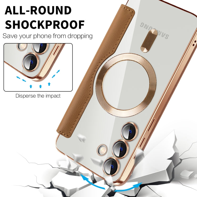 For Samsung Galaxy S25+ 5G Shield MagSafe RFID Anti-theft Rhombus Leather Phone Case(Brown) by buy2fix