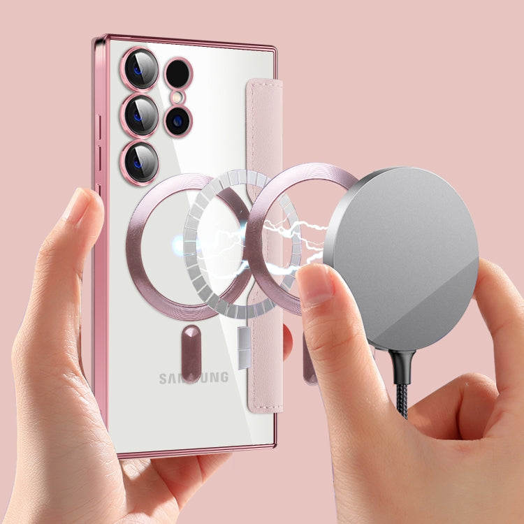 For Samsung Galaxy S25 Ultra 5G Shield MagSafe RFID Anti-theft Rhombus Leather Phone Case(Pink) by buy2fix