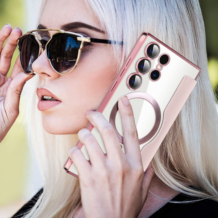 For Samsung Galaxy S25 Ultra 5G Shield MagSafe RFID Anti-theft Rhombus Leather Phone Case(Pink) by buy2fix