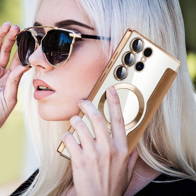 For Samsung Galaxy S25 Ultra 5G Shield MagSafe RFID Anti-theft Rhombus Leather Phone Case(Brown) by buy2fix