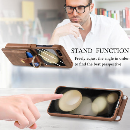 For Samsung Galaxy Z Flip5 5G Integrated Magnetic Card Wallet Diamond-encrusted Ring Phone Case(Brown) - Galaxy Z Flip5 Cases by buy2fix | Online Shopping UK | buy2fix