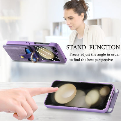 For Samsung Galaxy Z Flip5 5G Integrated Magnetic Card Wallet Diamond-encrusted Ring Phone Case(Purple) - Galaxy Z Flip5 Cases by buy2fix | Online Shopping UK | buy2fix