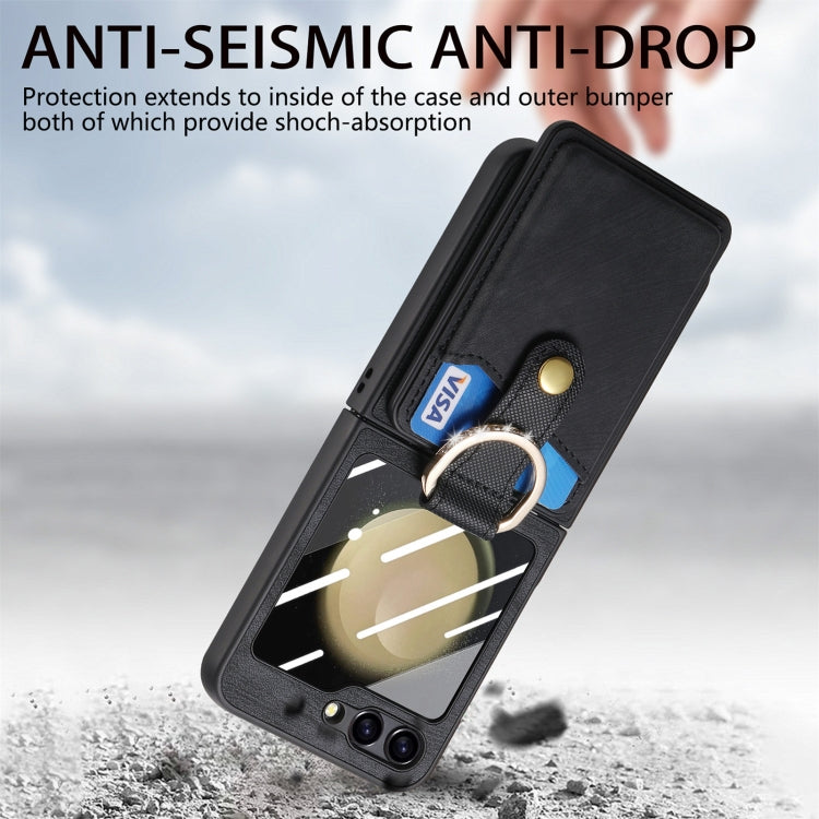 For Samsung Galaxy Z Flip5 5G Integrated Magnetic Card Wallet Diamond-encrusted Ring Phone Case(Black) - Galaxy Z Flip5 Cases by buy2fix | Online Shopping UK | buy2fix