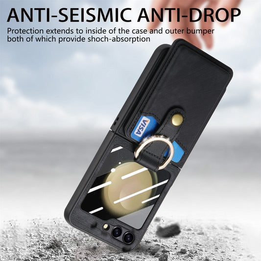 For Samsung Galaxy Z Flip5 5G Integrated Magnetic Card Wallet Diamond-encrusted Ring Phone Case(Black) - Galaxy Z Flip5 Cases by buy2fix | Online Shopping UK | buy2fix