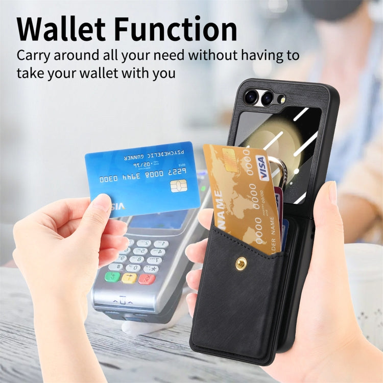 For Samsung Galaxy Z Flip5 5G Integrated Magnetic Card Wallet Diamond-encrusted Ring Phone Case(Black) - Galaxy Z Flip5 Cases by buy2fix | Online Shopping UK | buy2fix