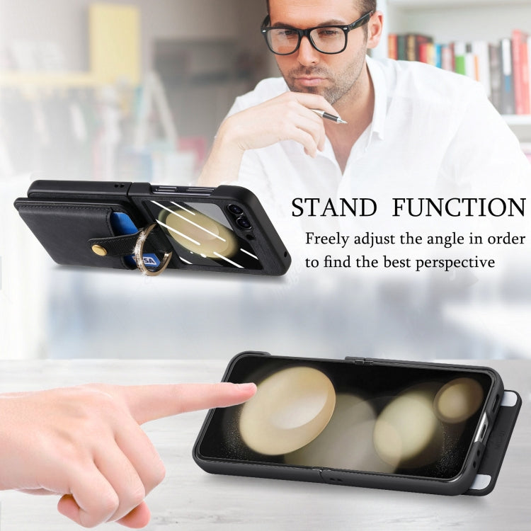 For Samsung Galaxy Z Flip5 5G Integrated Magnetic Card Wallet Diamond-encrusted Ring Phone Case(Black) - Galaxy Z Flip5 Cases by buy2fix | Online Shopping UK | buy2fix