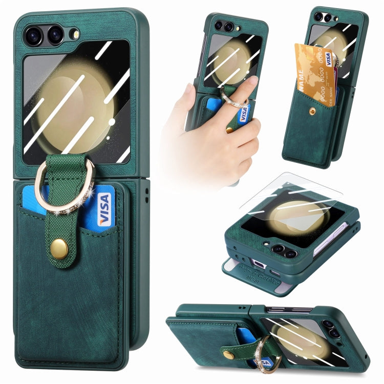 For Samsung Galaxy Z Flip5 5G Integrated Magnetic Card Wallet Diamond-encrusted Ring Phone Case(Green) - Galaxy Z Flip5 Cases by buy2fix | Online Shopping UK | buy2fix