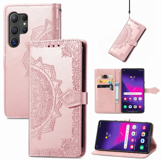 For Samsung Galaxy S24 Ultra 5G Mandala Flower Embossed Leather Phone Case(Rose Gold)