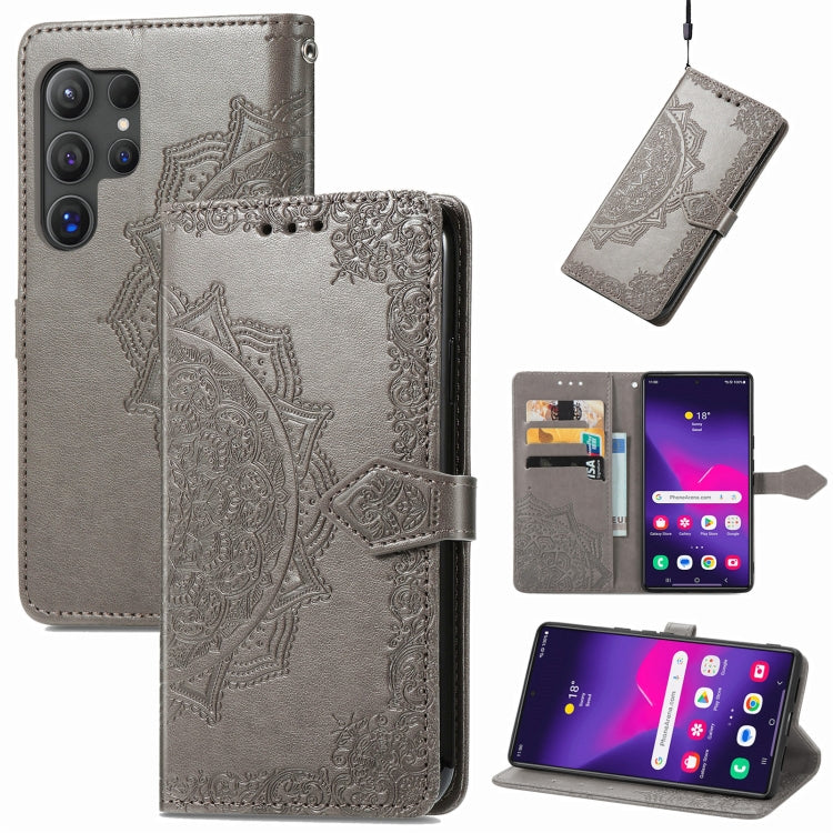 For Samsung Galaxy S25 Ultra 5G Mandala Flower Embossed Leather Phone Case(Gray) by buy2fix