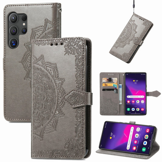 For Samsung Galaxy S25 Ultra 5G Mandala Flower Embossed Leather Phone Case(Gray) by buy2fix