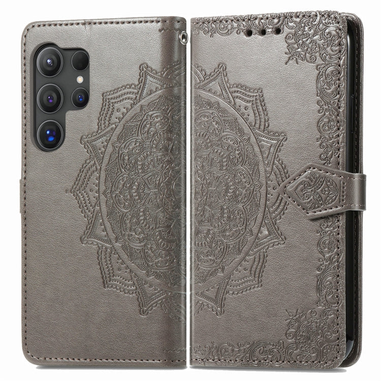 For Samsung Galaxy S25 Ultra 5G Mandala Flower Embossed Leather Phone Case(Gray) by buy2fix