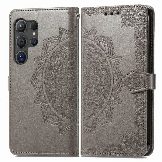 For Samsung Galaxy S25 Ultra 5G Mandala Flower Embossed Leather Phone Case(Gray) by buy2fix