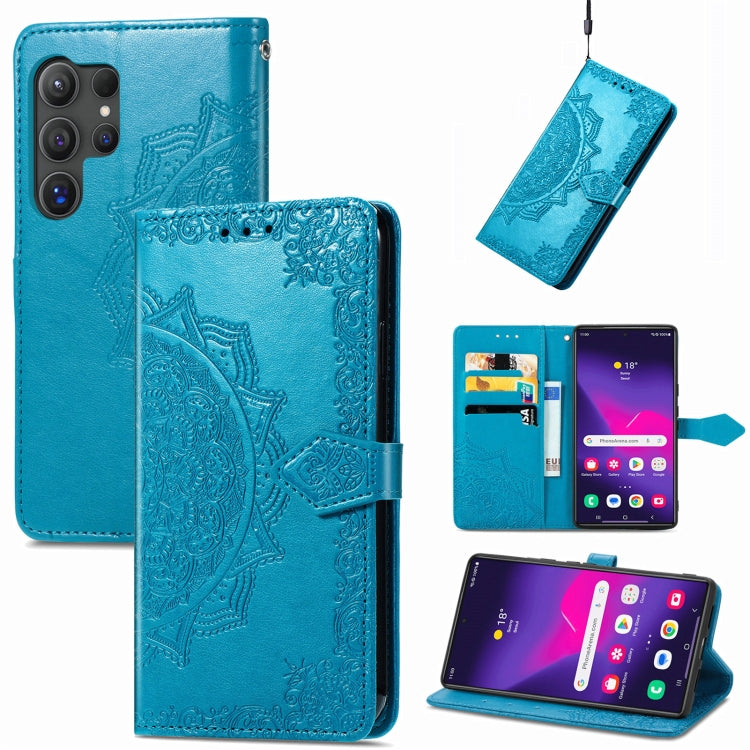 For Samsung Galaxy S25 Ultra 5G Mandala Flower Embossed Leather Phone Case(Blue) by buy2fix