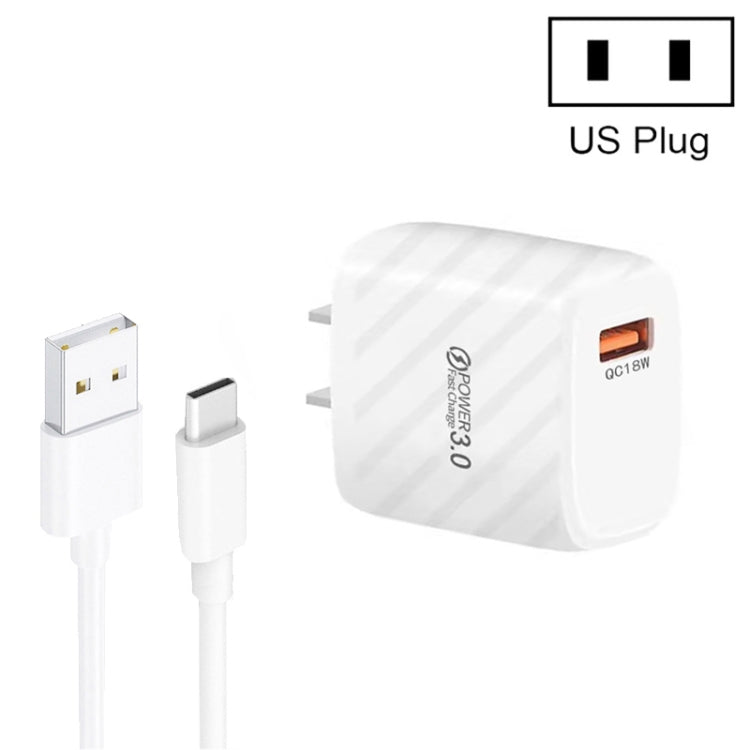 TE-005 QC3.0 18W USB Fast Charger with 1m 3A USB to Type-C Cable, US Plug(White) by buy2fix