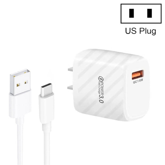TE-005 QC3.0 18W USB Fast Charger with 1m 3A USB to Type-C Cable, US Plug(White) by buy2fix