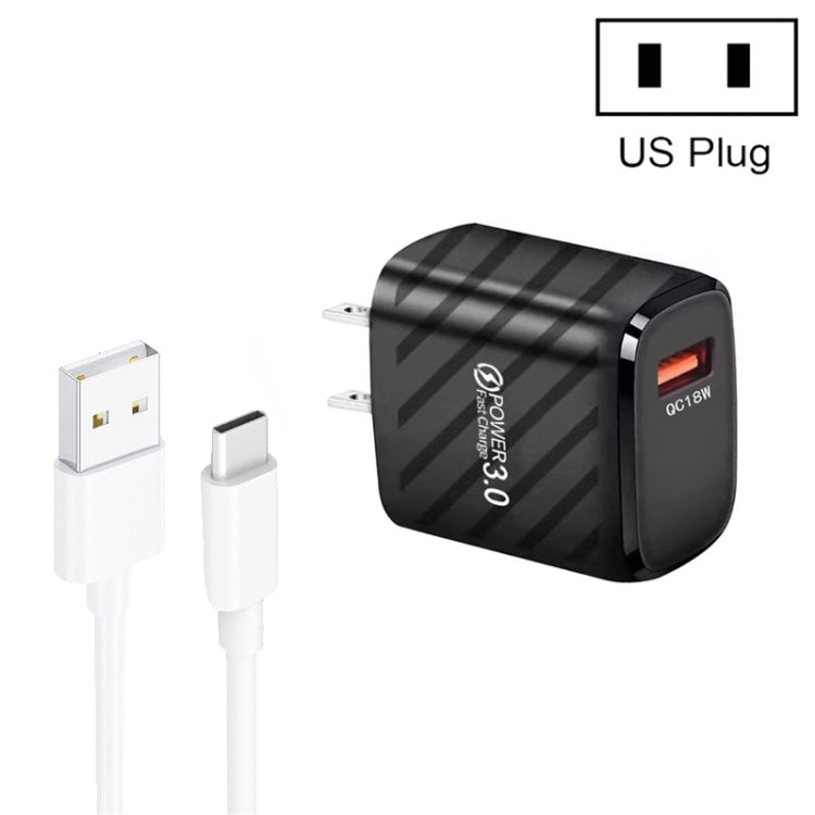 TE-005 QC3.0 18W USB Fast Charger with 1m 3A USB to Type-C Cable, US Plug(Black) by buy2fix