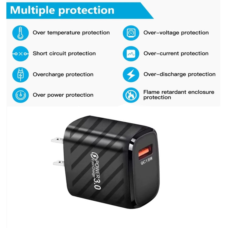 TE-005 QC3.0 18W USB Fast Charger with 1m 3A USB to Type-C Cable, US Plug(Black) by buy2fix