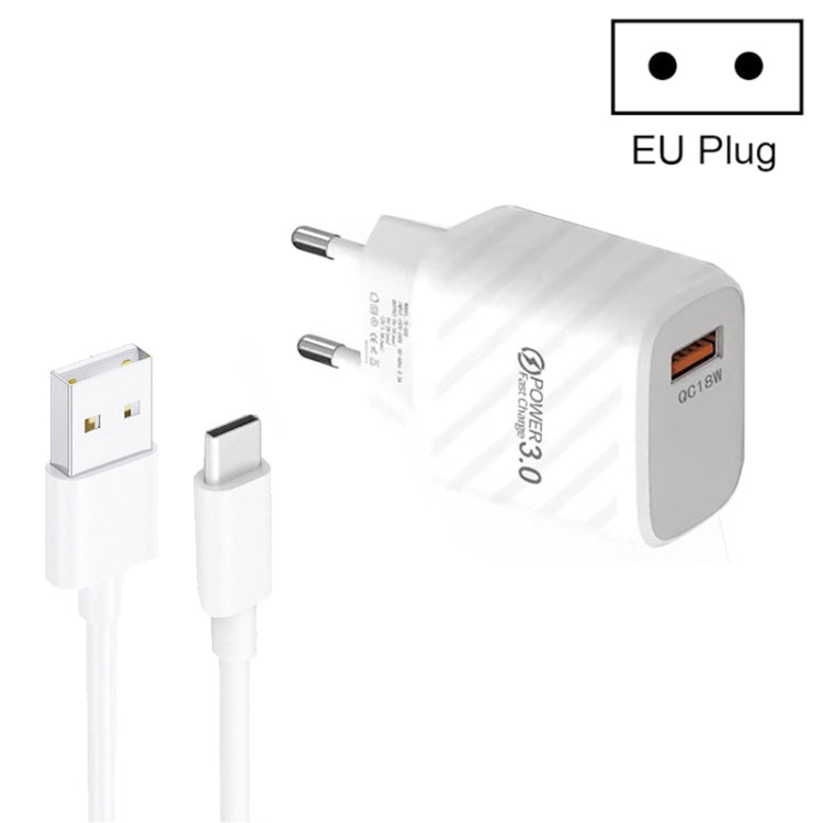 TE-005 QC3.0 18W USB Fast Charger with 1m 3A USB to Type-C Cable, EU Plug(White) by buy2fix