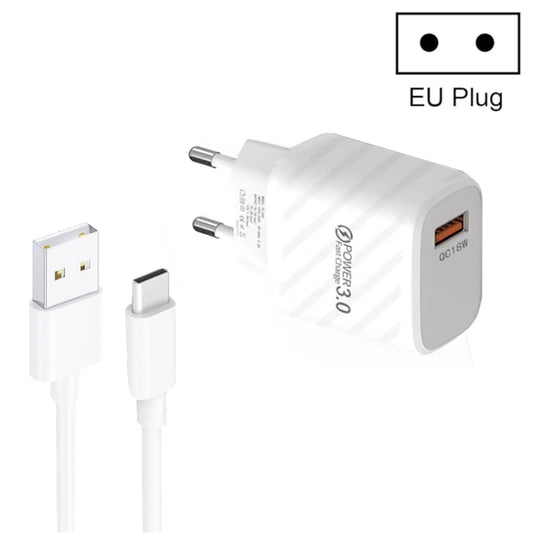 TE-005 QC3.0 18W USB Fast Charger with 1m 3A USB to Type-C Cable, EU Plug(White) by buy2fix