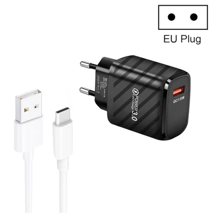 TE-005 QC3.0 18W USB Fast Charger with 1m 3A USB to Type-C Cable, EU Plug(Black) by buy2fix