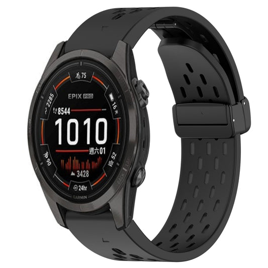 For Garmin Epix Pro 42mm Hole Folding Buckle 20mm Silicone Watch Band(Black) - Watch Bands by buy2fix | Online Shopping UK | buy2fix
