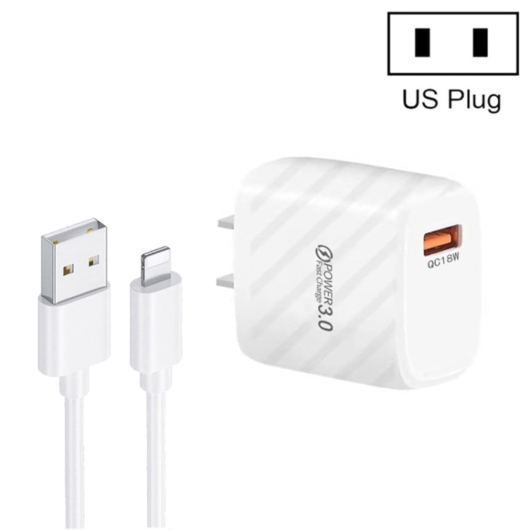 TE-005 QC3.0 18W USB Fast Charger with 1m 3A USB to 8 Pin Cable, US Plug(White) by buy2fix
