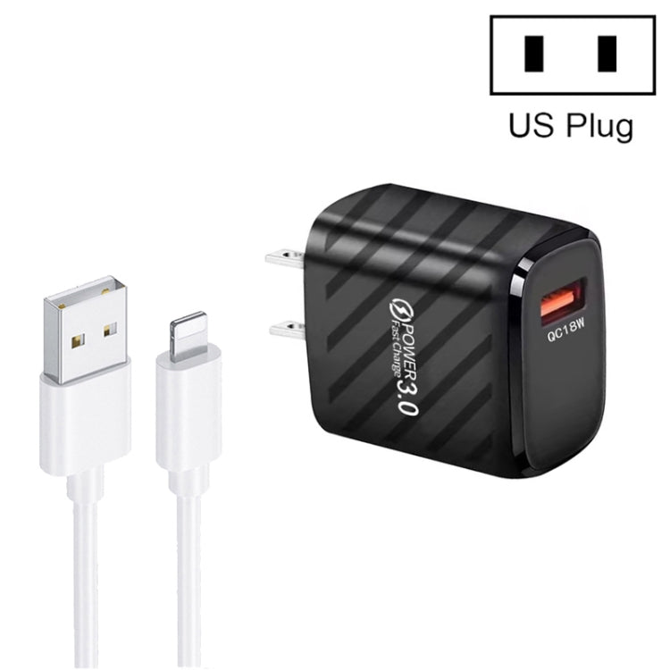 TE-005 QC3.0 18W USB Fast Charger with 1m 3A USB to 8 Pin Cable, US Plug(Black) by buy2fix