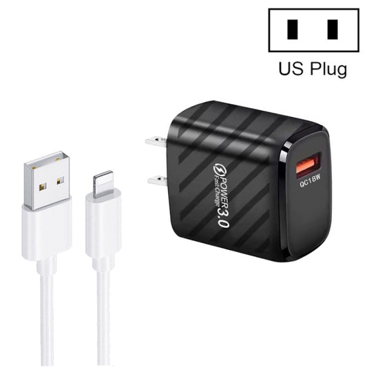 TE-005 QC3.0 18W USB Fast Charger with 1m 3A USB to 8 Pin Cable, US Plug(Black) by buy2fix