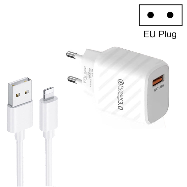 TE-005 QC3.0 18W USB Fast Charger with 1m 3A USB to 8 Pin Cable, EU Plug(White) by buy2fix