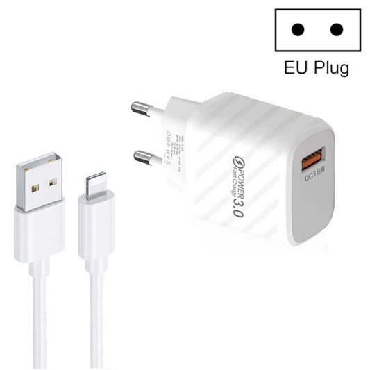 TE-005 QC3.0 18W USB Fast Charger with 1m 3A USB to 8 Pin Cable, EU Plug(White) by buy2fix