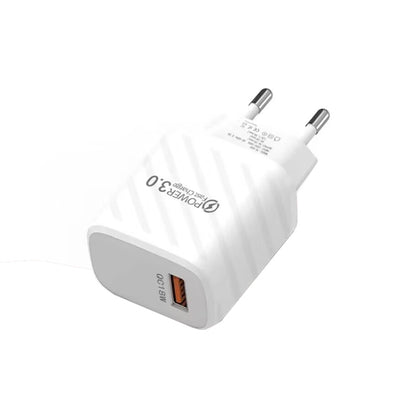 TE-005 QC3.0 18W USB Fast Charger with 1m 3A USB to 8 Pin Cable, EU Plug(White) by buy2fix