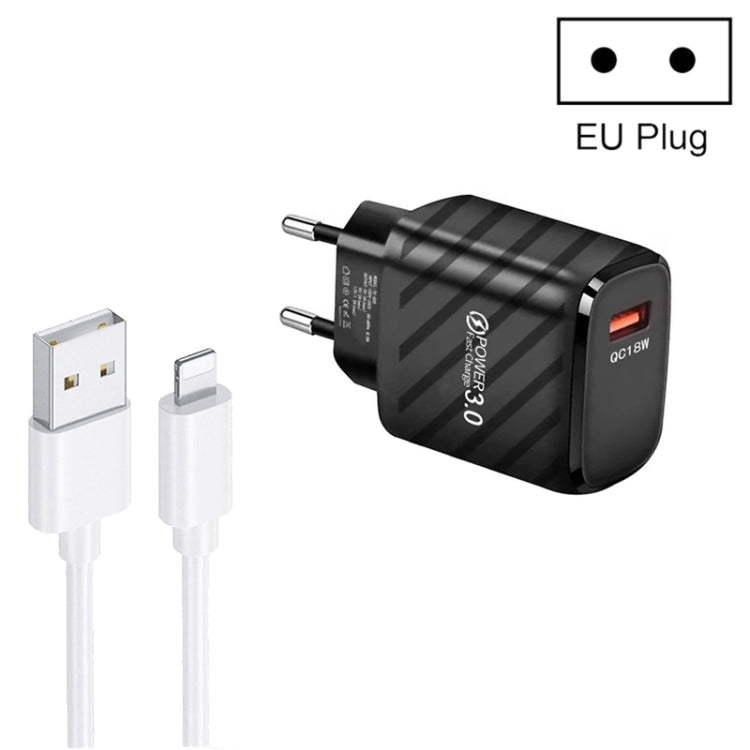 TE-005 QC3.0 18W USB Fast Charger with 1m 3A USB to 8 Pin Cable, EU Plug(Black) by buy2fix