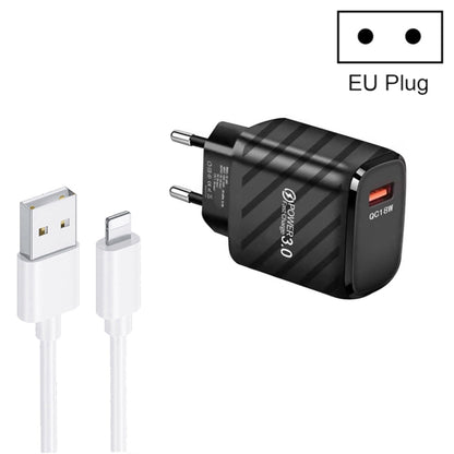 TE-005 QC3.0 18W USB Fast Charger with 1m 3A USB to 8 Pin Cable, EU Plug(Black) by buy2fix