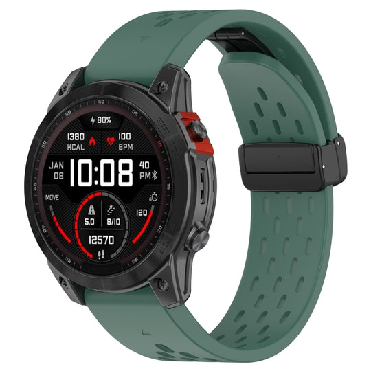 For Garmin Fenix 7X Pro Quick Release Holes Magnetic Buckle Silicone Watch Band(Dark Green)
