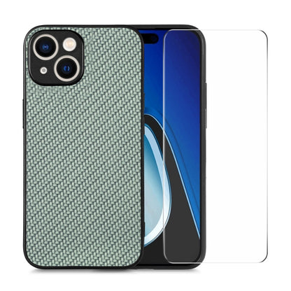 For iPhone 15 Plus ENKAY Fiber Leather Skin PC Phone Case with High Aluminum-silicon Glass Film(Green) - iPhone 15 Plus Cases by ENKAY | Online Shopping UK | buy2fix