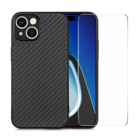 For iPhone 14 Plus ENKAY Fiber Leather Skin PC Phone Case with High Aluminum-silicon Glass Film(Black) - iPhone 14 Plus Cases by ENKAY | Online Shopping UK | buy2fix