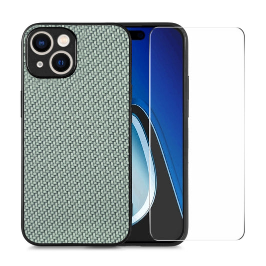 For iPhone 14 ENKAY Fiber Leather Skin PC Phone Case with High Aluminum-silicon Glass Film(Green) - iPhone 14 Cases by ENKAY | Online Shopping UK | buy2fix